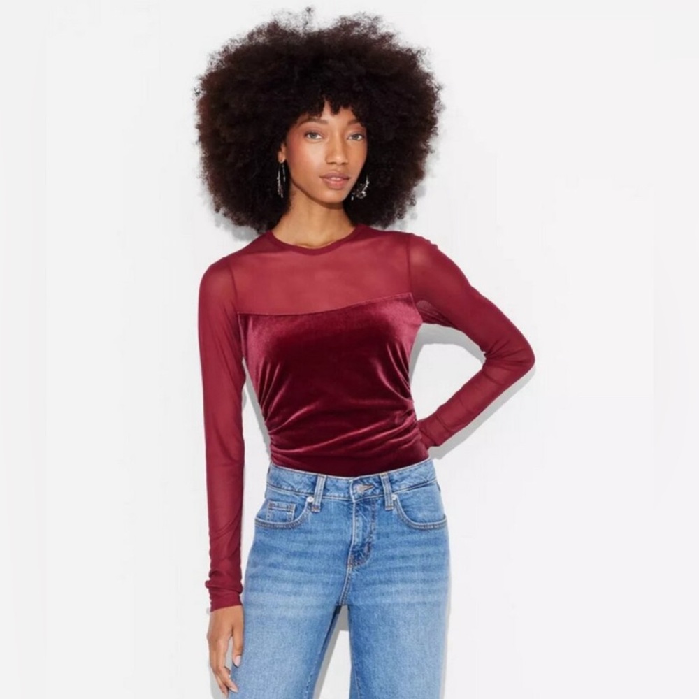 Women's Long Sleeve Mesh to Velour Party Top - Wild Fable Cherry Red XXS